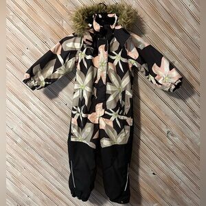 Reima Tech Floral Hooded One Piece Ski Snowsuit Faux Fur Trim Girls Kids